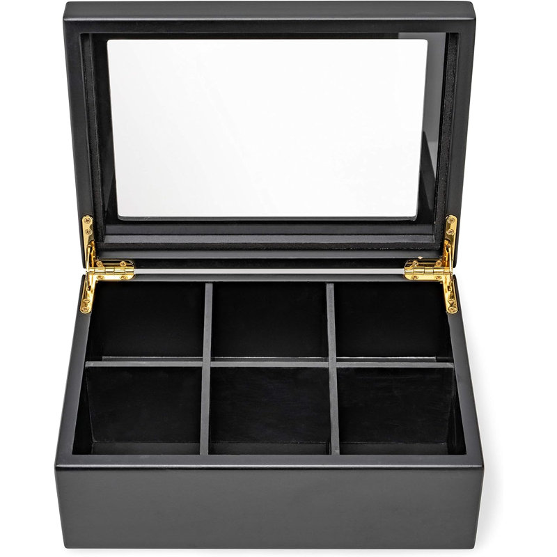 Wooden Tea Organizer For Tea Bags, Black Wooden Tea Chest, 6 Compartments, Clear Top Window, Lid Stays Open