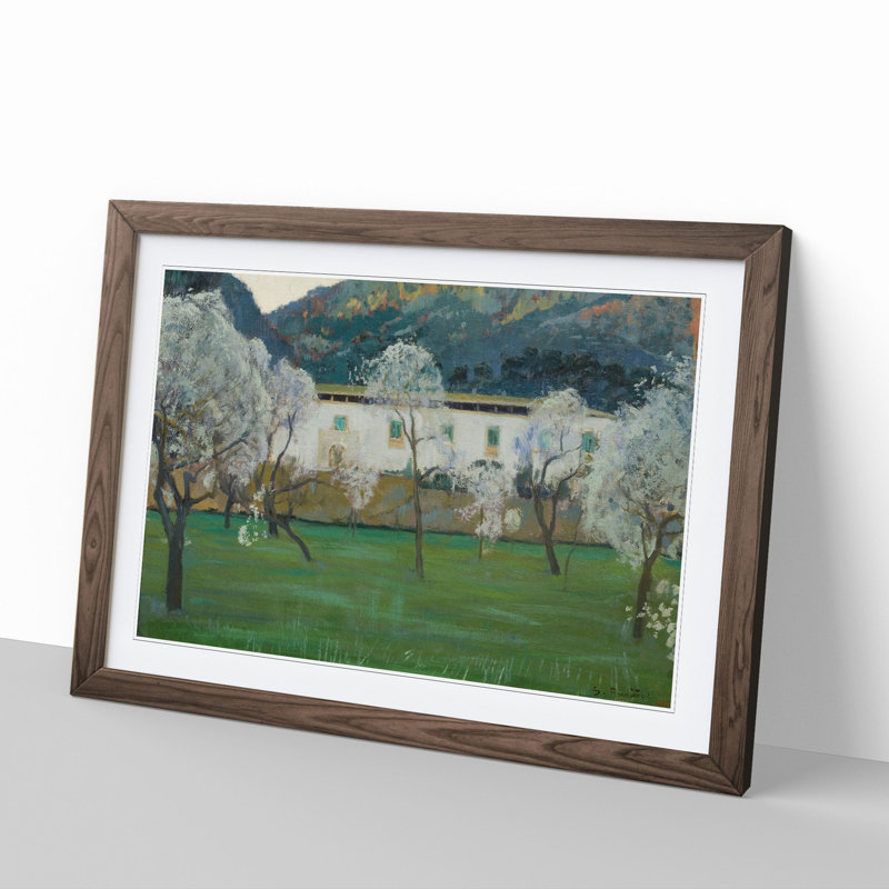 White Farmhouse by Santiago Rusinol - Picture Frame Painting, 36cm H x 48cm W x 2cm D, Walnut