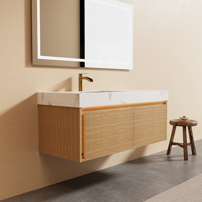 Meuble-lavabo flottant avec comptoir en pierre frittée, lavabo en céramique et capteur DEL