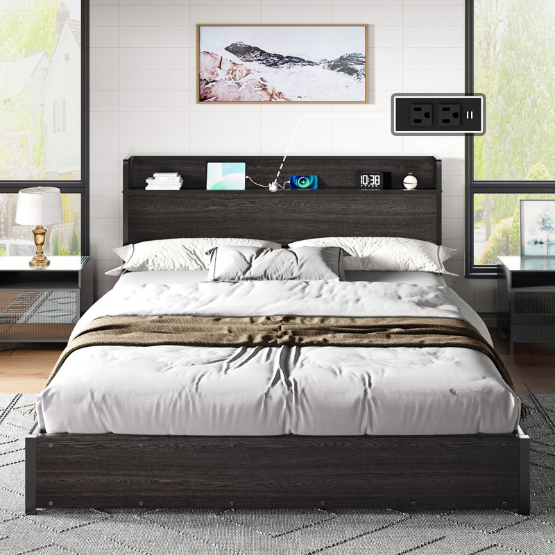 King Size Black MDF Lift Up Storage Bed Frame with Charging Station