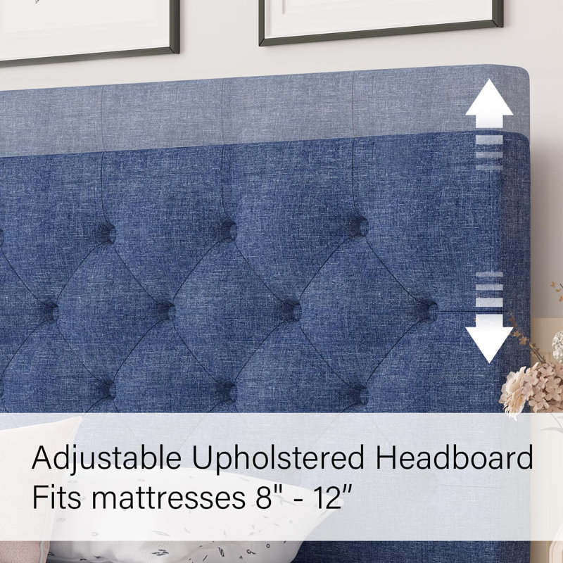 Bed Frames with Button Tufted Headboard, Linen Upholstered Platform Bed with Wooden Slats Support, Easy Assembly, No Box Spring Required