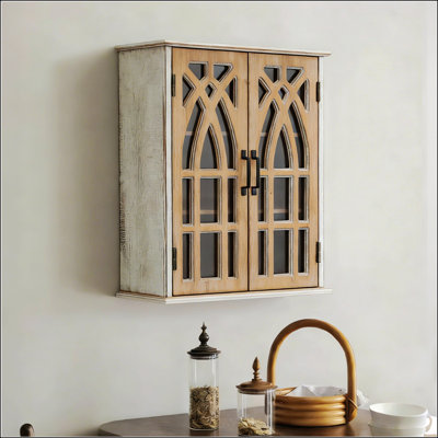 Armoire murale rétro avec portes découpées décoratives, rangement suspendu en bois rustique pour salle de bain et salon