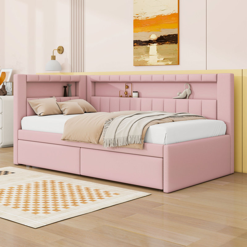 Twin Upholstered Daybed Bed with 2 Drawers, USB Ports and LED Belt, Pink