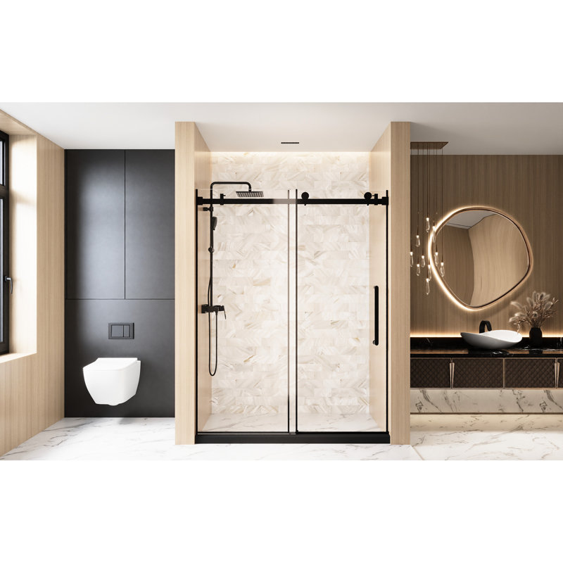 Single Sliding Shower Door In Matte Black, 56 - 60 "w X 76" H, 1/4 "(6 Mm) Clear Tempered Glass With Proof Film, Stainless Steel Handle And Square Tube Track For Bathroom H Door, Glass, Handle,