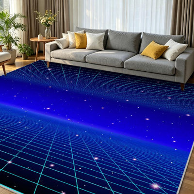 Tapis d'intérieur bleu néon avec grille et étoiles lavable à la machine