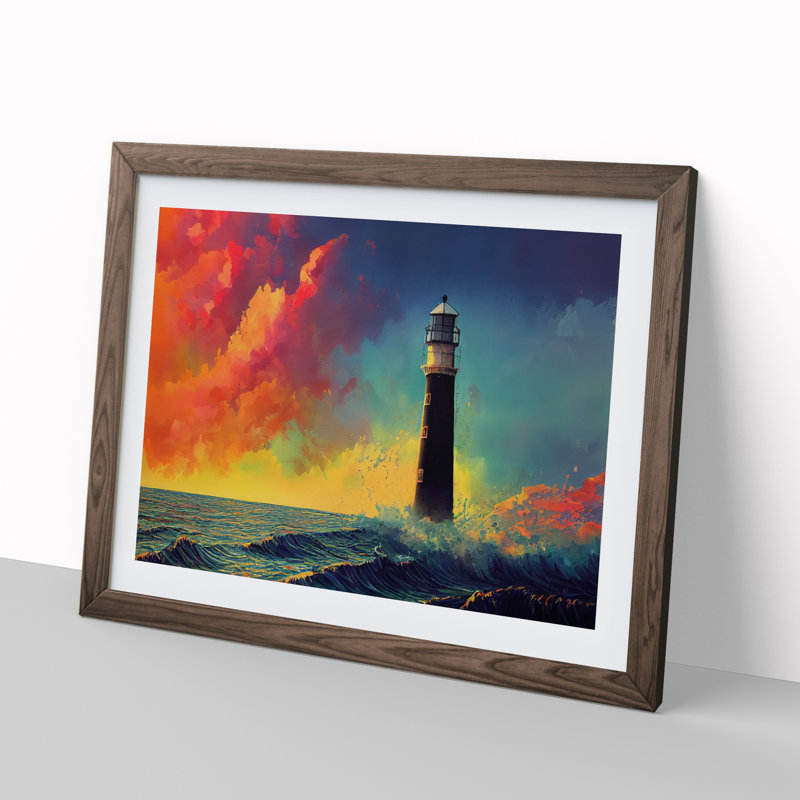 Sculptured Lighthouse - Single Picture Frame Painting, 46cm H x 64cm W x 2cm D, Walnut 