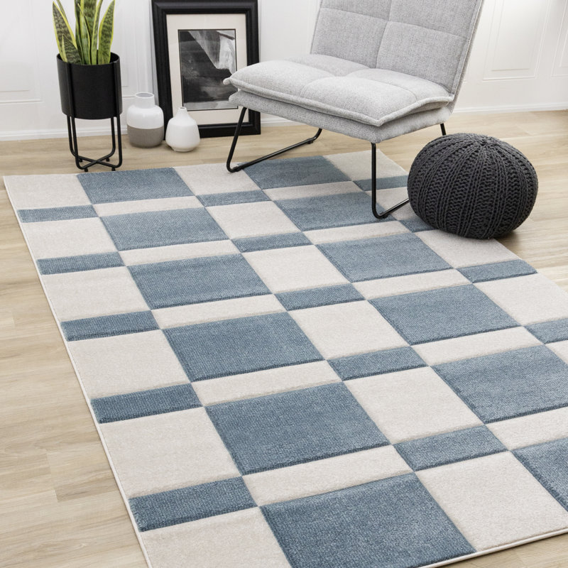 Marshawna Stylish Blue Cream Checkered Indoor Area Rug, Rectangle 6'7" x 9'6"