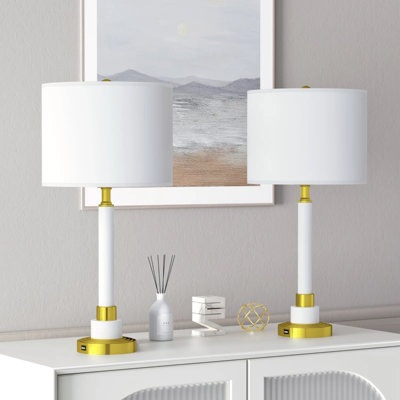 26.5 in. White Gold Modern Dimmable Metal For Bedroom/Living Room Bedside Desk Nightstand Table Lamps With White Linen Drum Shade And USB Port