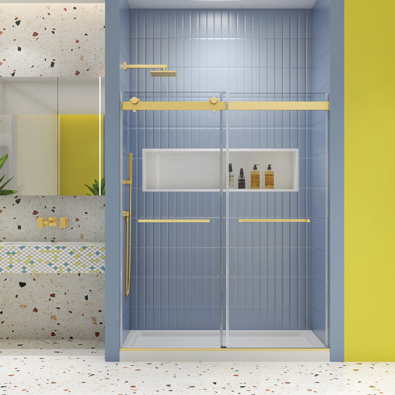 Porte de douche à dérivation, porte coulissante, système de fermeture en douceur, avec verre trempé de 5/16 po et finition or brossé 4874