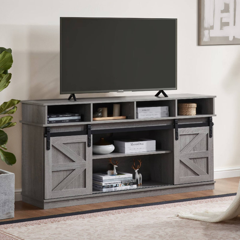 TV Stand Sliding with Adjustable Shelves and Farmhouse Barn Door, Gray
