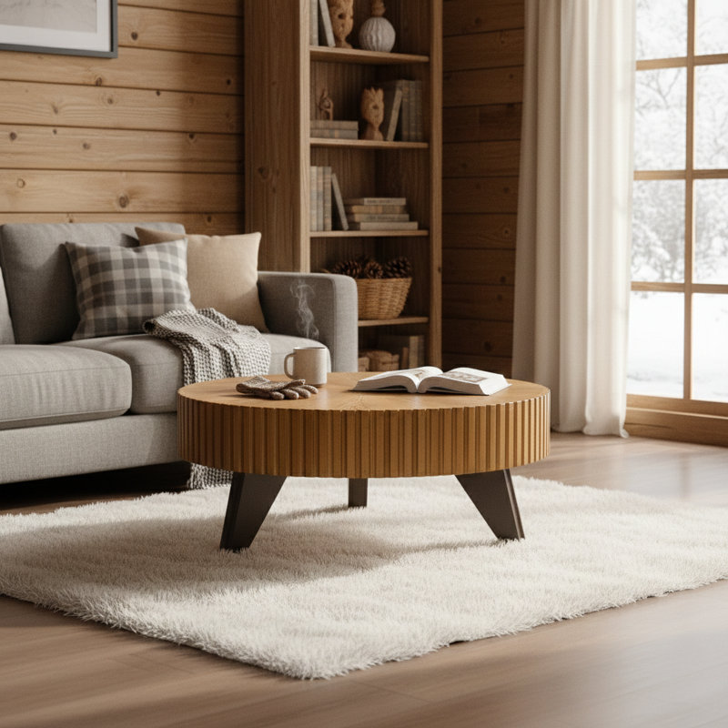 Table basse ronde 35,4 po, Dessus naturel/Base brune