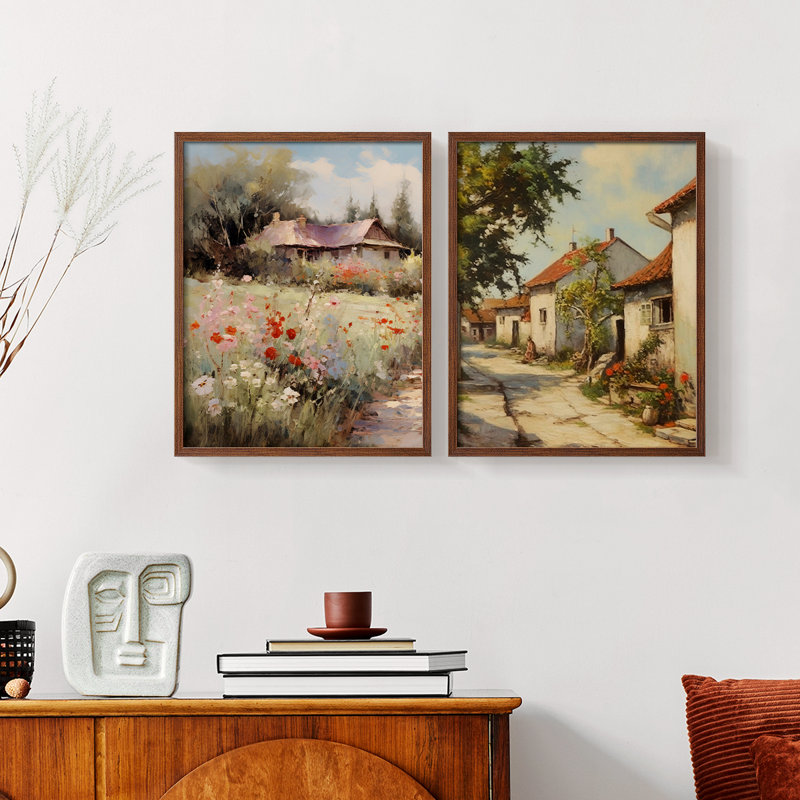 «Vintage Landscape LXIV», impression giclée sur cadre - ensemble de 2, Noyer, H 9 po x l 22 po
