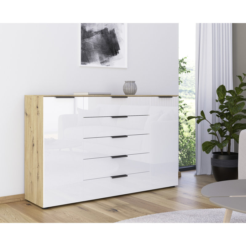 Flipp 5 Drawer 160Cm W Combo Dresser, Artisan Oak/White Glass/Graphite