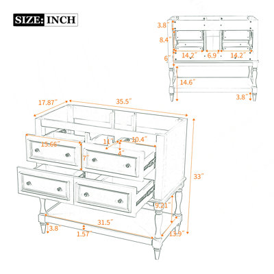 36" Bathroom Vanity Cabinet, Free Standing Vanity Set with 4 Drawers, Solid Wood Frame Bathroom Cabinet