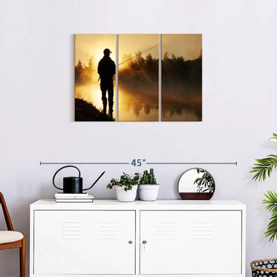 «Foggy Riverbank Fishing», 3 pièces sur toile