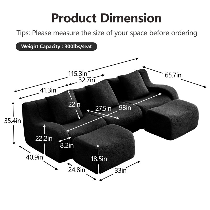 Canapé modulaire Boneless, Noir Teddy / Boucle