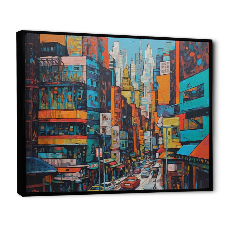 «Orange and Blue Metropolitan Marvels», reproduction sur toile encadrée, H 30 po x l 40 po x P 1,5 po, Cadre flottant noir