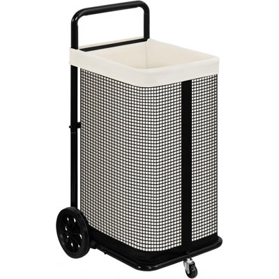 Chariot à linge à roulettes avec sac de doublure amovible en toile, panier à linge beige avec roulettes et poignée en métal