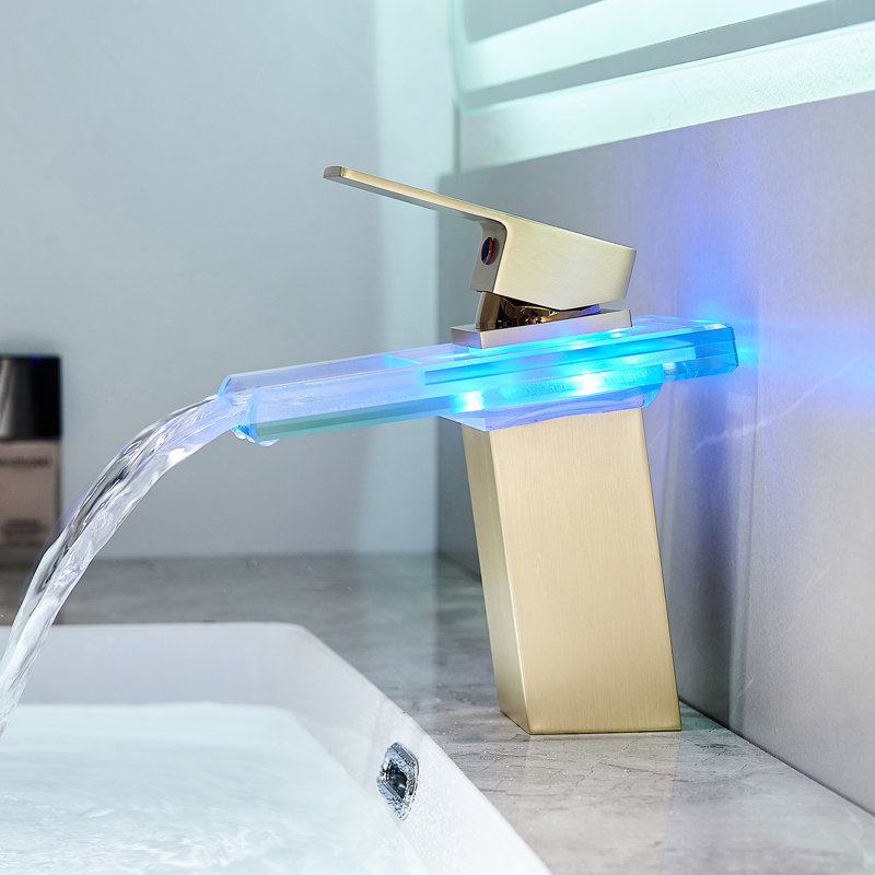 Robinet de lavabo pour salle de bain à DEL 3 couleurs, bec cascade, fixation sur comptoir à un trou, mélange d'eau chaude et froide, robinet doré brossé avec couleur, eau, fixation, trou,