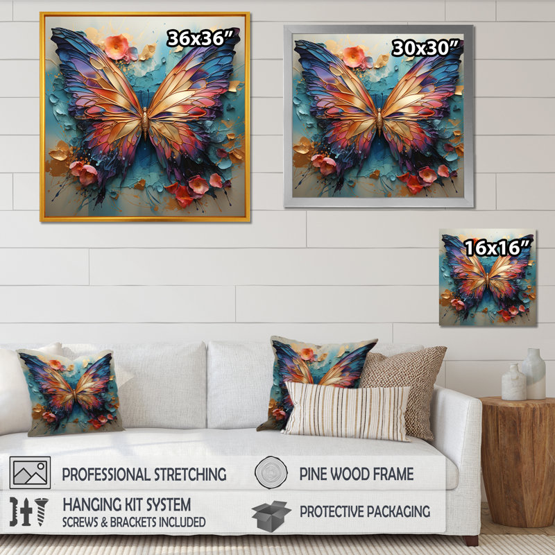 Orange et bleu, papillon métallique - art mural papillon, Doré, H 16 po x l 16 po, Reproduction avec cadre flottant