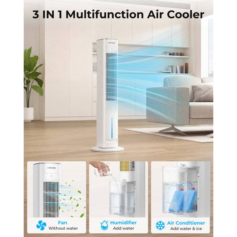 98cm Evaporative Oscillating Tower Fan with Remote, 3L Water Tank, 12 Hour Timer, 3 Speed, Quiet Cooling for Bedroom Living Room Home Office - White