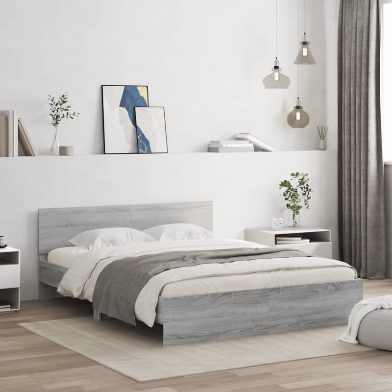 Latitude Run Bed Frame With Headboard And LED Double, EU Kingsize - 160 x 200 cm, Grey Sonoma