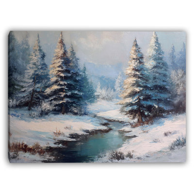 «Snowy Pine Forest River Winter Landscape», art mural sur toile tendue
