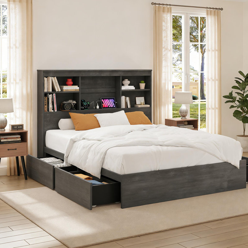 Structure de lit avec tête de lit, 4 tiroirs et station de charge pour la chambre à coucher, Noir, Très grand lit