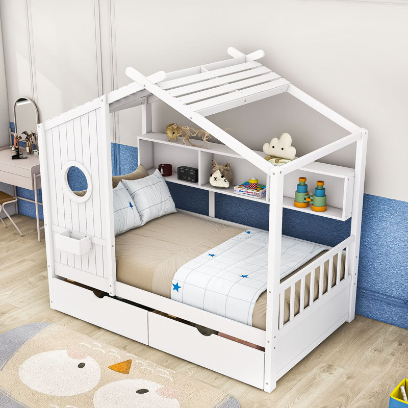 Lit de maison en bois avec toit, tablettes de rangement et tiroirs intégrés, Simple, Blanc