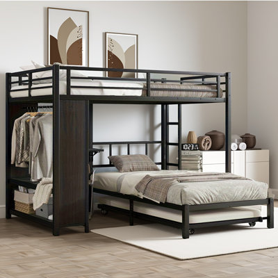 Lit double superposé double au-dessus d'un lit simple avec garde-robe intégrée, lit gigogne et bureau pliable - conception peu encombrante pour chambre d'enfant, chambre d'amis ou dortoir