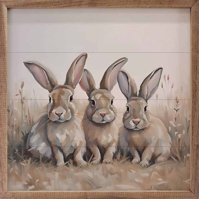 Neutre trois lapins encadré sur bois, H 4 po x l 4 po