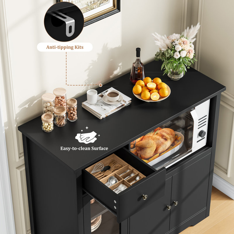 35.4" Wide  Kitchen Pantry, Food Pantry wih Cupboard, Drawer, and Microwave Cube, Black
