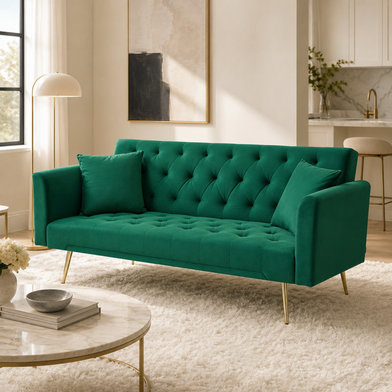 Thomias 71.01'' Velvet Convertible Sofa, Green Velvet