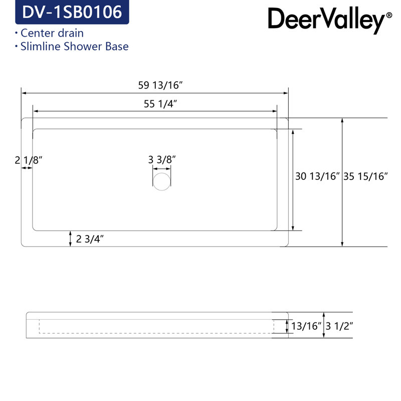 DeerValley 60" x 36" Shower Base in White with Single Threshold Shower Pan, Non-slip Design, 3.5" H x 60" W x 36" D