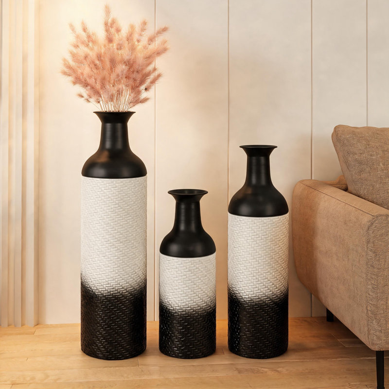 Ensemble de 3 vases en métal noir et blanc nid d'abeille 27,6 pouces