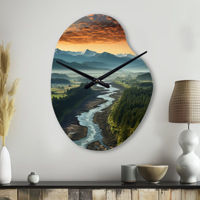 Oregon River Landscape III - Oregon Asymmetrical Metal Wall Clock, Yellow Freeform Wall Clock Print
