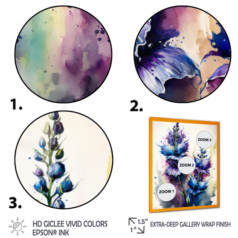 «Amily Blue and Purple Delphinium», reproduction sur toile, H 32 po x l 16 po x P 1 po, Impression dorée sur toile encadrée