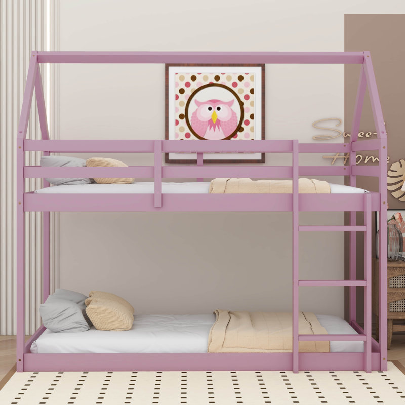 Arja Twin Over Twin Bunk Bed, Rubber Wood House Bed Frame, Pink