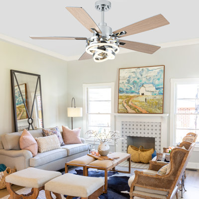 Ventilateur de plafond moderne Eustolio 52 po chromé avec éclairage et télécommande, moteur CC réversible à 6 vitesses, grand ventilateur de plafond à intensité variable pour salon