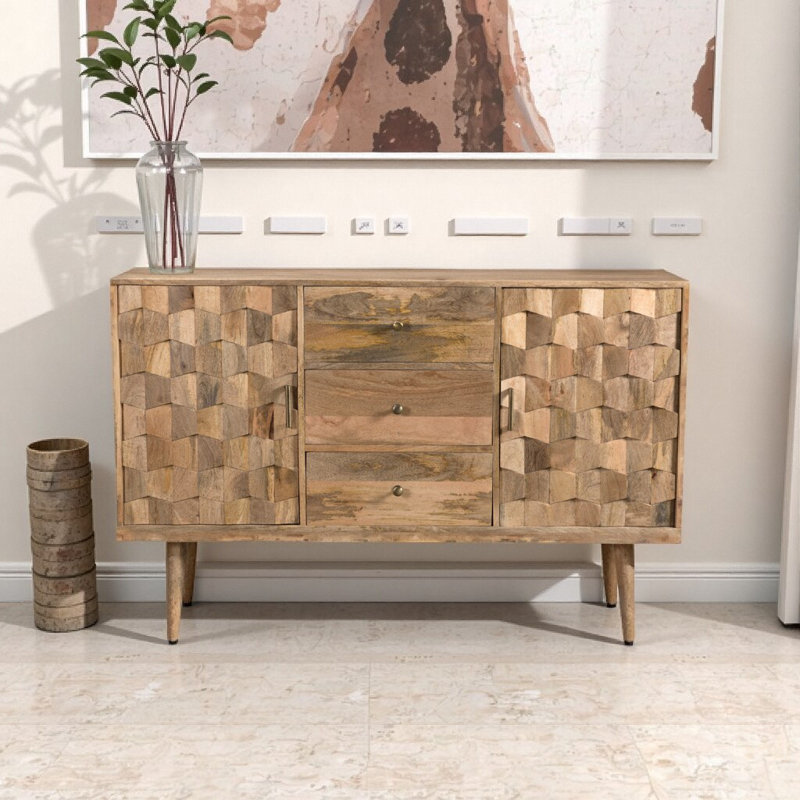Buffet Mid-Century moderne en bois de manguier avec 3 tiroirs et 2 portes - finition naturelle, assemblage des pieds KD
