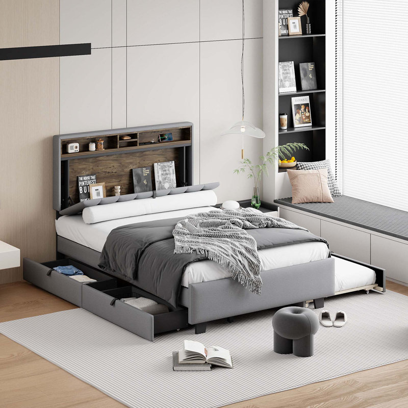 Lit plateforme tapissier double avec tête de lit, lit gigogne simple, 2 tiroirs et un ensemble de prises et ports USB, tissu en lin