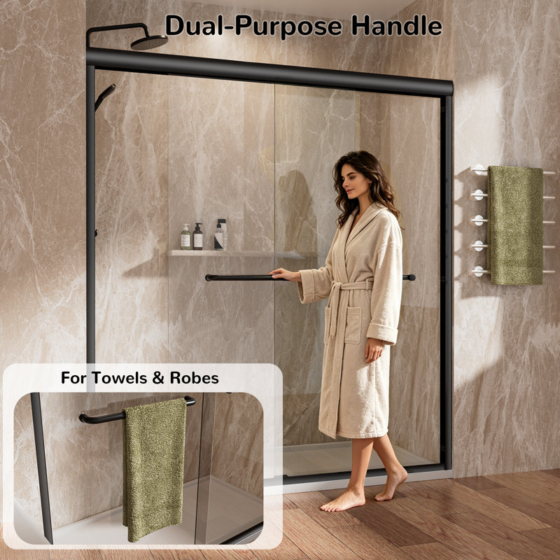 62" - 66" W X 72" H Double Sliding Frameless Shower Door With Shower Glass And Two Towel Bar,Premium 1/4" (6mm) Thick Tempered Glass,Black