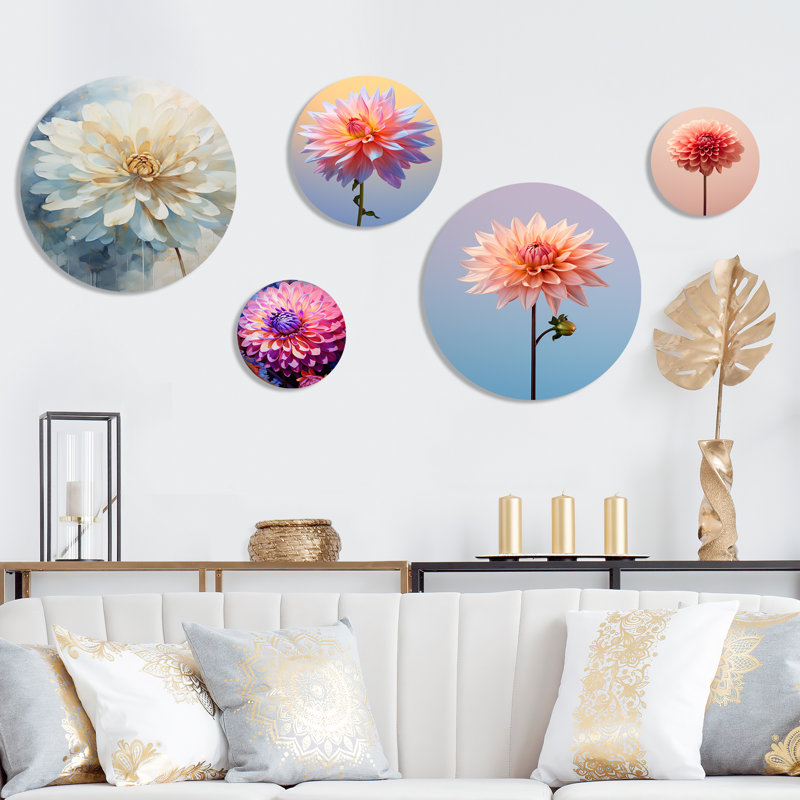 Fleur de dahlia bleu minimaliste - Dahlia Dahlia, ensemble d'art mural rond de 5