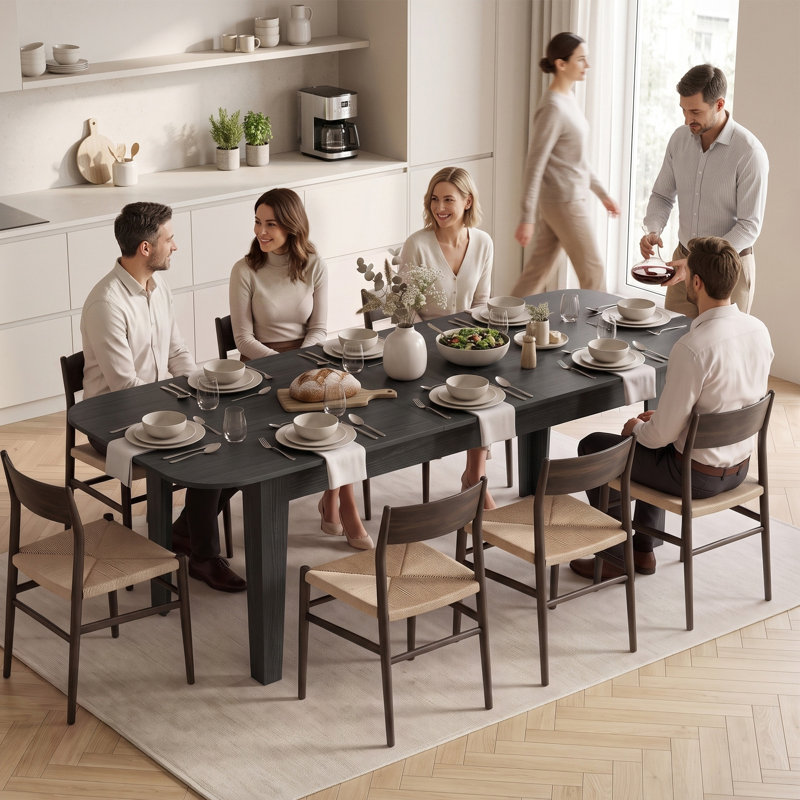 Table de salle à manger ovale extensible pour 4 à 6 personnes, bords arrondis, aspect bois noir., Noir