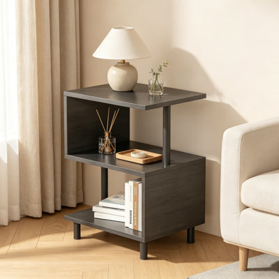 Table d'appoint en forme de S avec pieds en bois, table de chevet moderne avec tablettes de rangement pour le salon, la chambre à coucher et le bureau personnel, table d'appoint peu encombrante