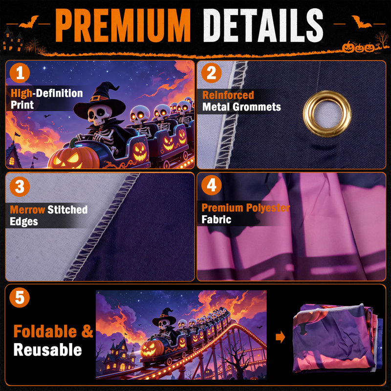Housse de porte de garage d'Halloween de 2,13 m x 4,88 m avec motif de montagnes russes citrouilles.