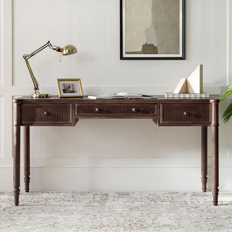 Hoai 60''W Transitional Fluted Simple Assembly Desk with Charging Station and Cable Management, Walnut