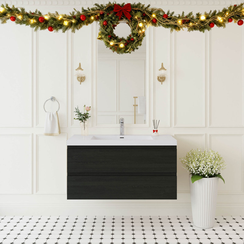 Meuble-lavabo flottant 42 po avec lavabo, meuble de rangement mural avec lavabo à surface solide et tiroirs à fermeture en douceur entièrement assemblés