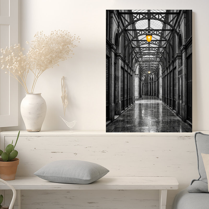 Art mural sur toile en fer noir et blanc avec lampe jaune, 36"H x 24"W