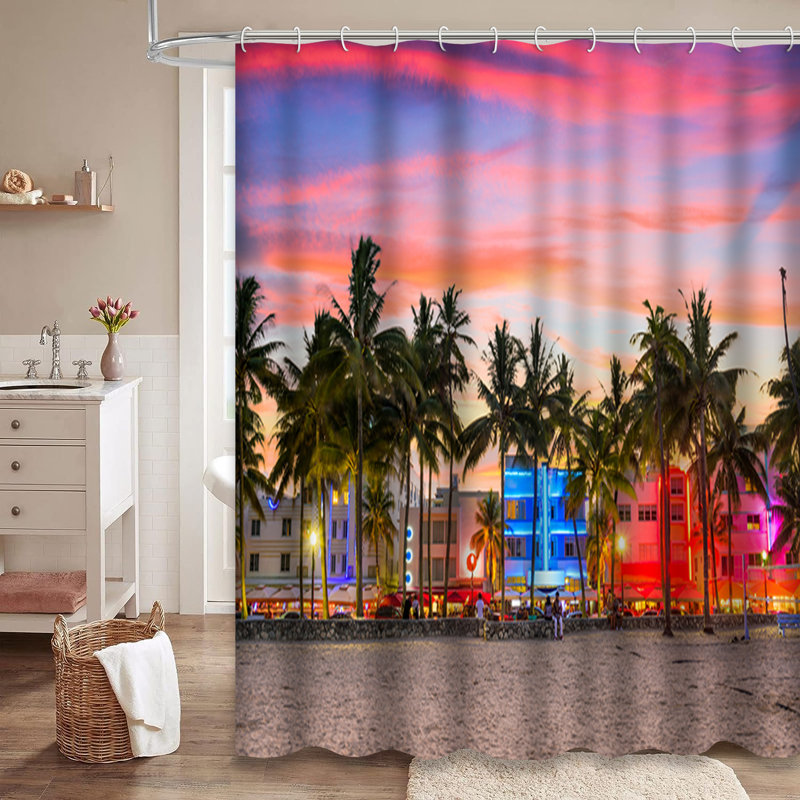 Rideau de douche art déco avec 12 crochets Florida Beach Ocean Sunset, L 72 po x l 72 po
